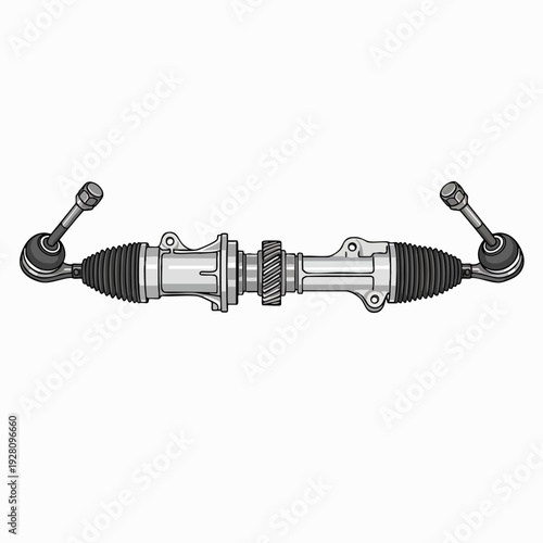 Car steering rack illustration; automotive suspension part; mechanical component; rack and pinion system; gray scale; vehicle maintenance design