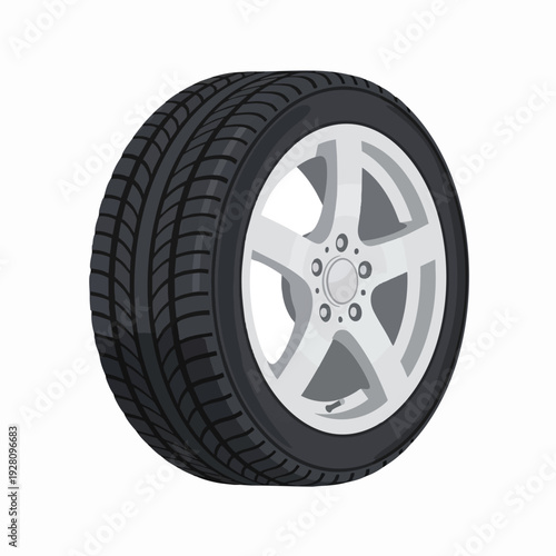 Car tire isolated on white background detailed vector illustration auto part for vehicle black rubber silver rim design for transport
