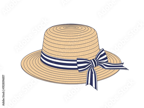 A straw hat with a navy and white striped ribbon bow