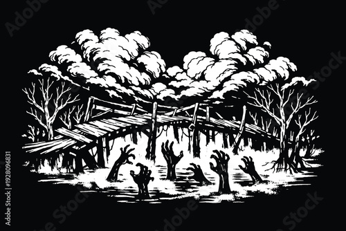 Zombies hands rising from a dark swamp under a broken wooden bridge, eerie horror concept hand drawn scratchboard line art vector illustration.