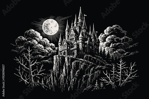Majestic gothic castle perched on a high cliff under a full moon, dark fantasy mountain landscape hand drawn scratchboard vector illustration.