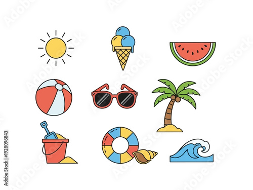 Collection of nine colorful flatstyle summer vacation icons on a white background