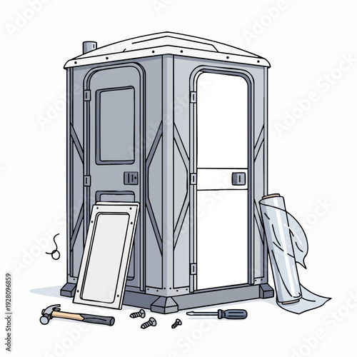 Cartoon portable toilet under repair with hammer screws and plastic wrap in gray and white isolated on white background