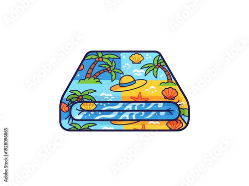 Folded beach towel illustration featuring palm trees a straw hat and seashells