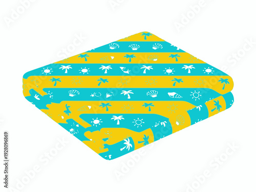 Folded beach towel with yellow and blue horizontal stripes and tropical motifs