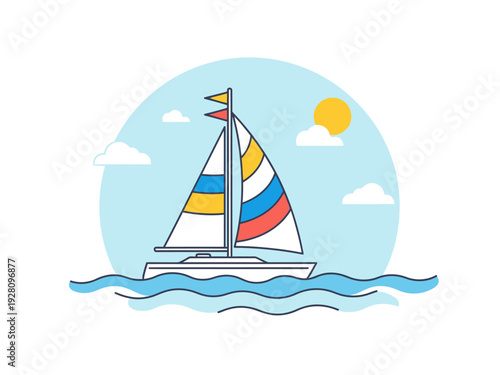 Minimalist illustration of a sailboat with colorful sails on blue water under a light blue sky with a sun and clouds