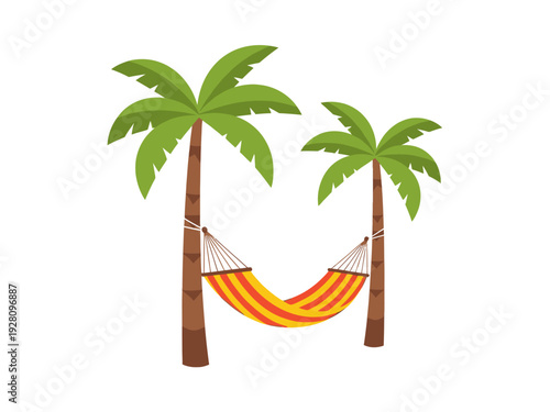 Illustration of two palm trees with a striped hammock strung between them