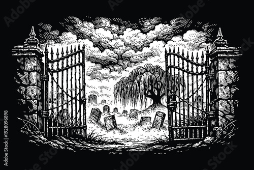 Spooky cemetery stone gates opening to a haunted graveyard with tombstones and willow tree, dark fantasy hand drawn scratchboard vector illustration.