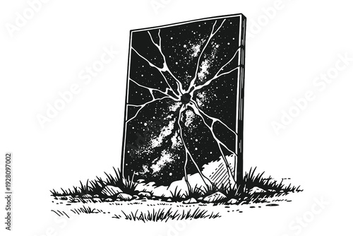 Broken mirror in a field reflecting a cosmic galaxy and stars, surreal space concept hand drawn line art vector illustration of another dimension.