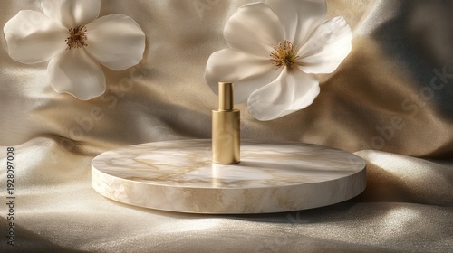 Wallpaper Mural Golden bottle on beige marble pedestal, surrounded by soft white blossoms Torontodigital.ca