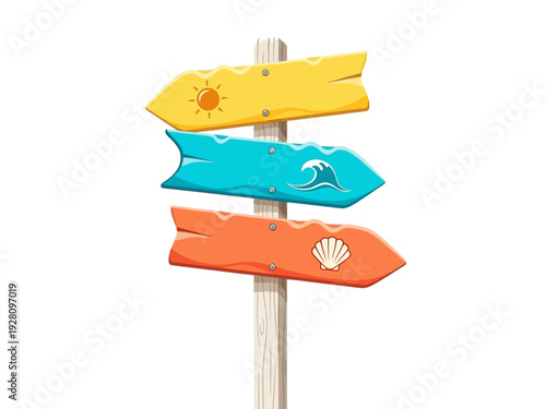 Wooden signpost with three directional beachthemed arrows