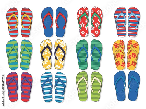Twelve pairs of colorful patterned flipflops arranged in a grid