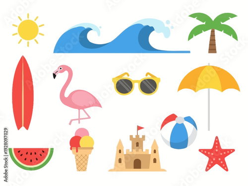 A collection of ten colorful flatstyle summer and beachthemed icons