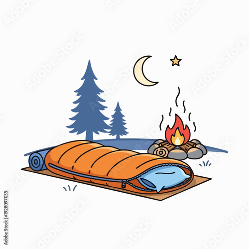 Cartoon camping scene illustration of orange sleeping bag campfire moon and trees for outdoor adventure designs