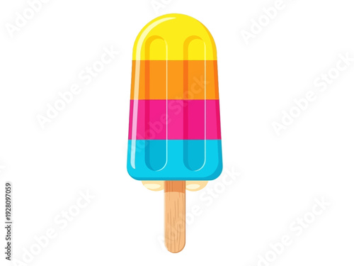 A colorful layered popsicle on a wooden stick against a white background