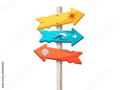 Wooden signpost with three directional beachthemed arrows pointing right and left