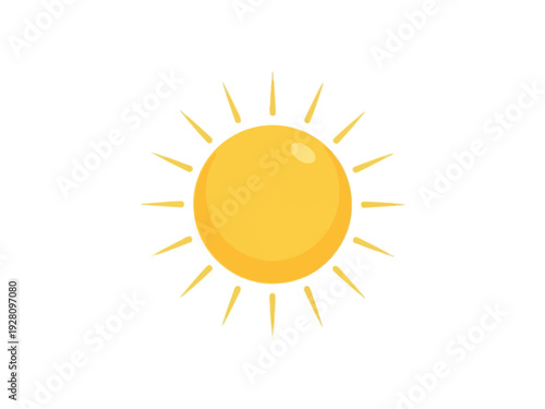 A simple stylized yellow sun with bright rays on a white background