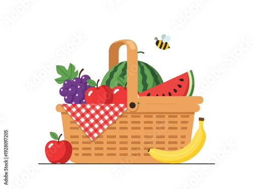 Woven picnic basket overflowing with fruit featuring a bee