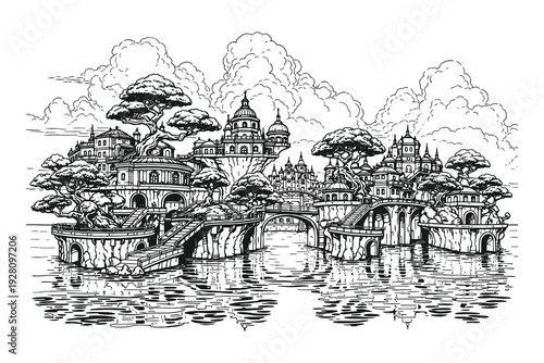 Peaceful lakeside village with traditional houses and stone bridges, scenic landscape hand drawn line art vector illustration of a coastal town.