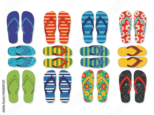 Twelve pairs of colorful flipflops arranged in four rows