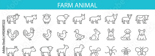 Farm animal and domestic pet line icon set featuring cow, sheep, goat, chicken, duck, rabbit, dog, cat and insects isolated on gray background.