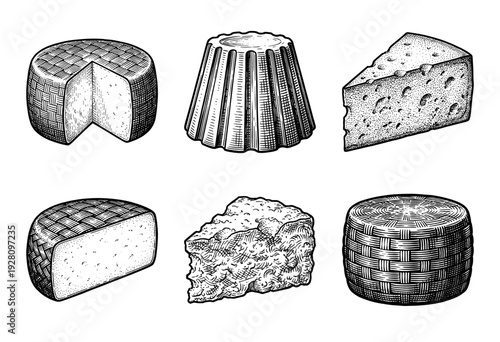 Vintage engraving style collection of various cheese types including whole wheels, wedges, and textured blocks in a hand-drawn monochrome sketch.