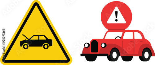 Car accident warning sign with damaged red vehicle and caution symbol isolated safety illustration design