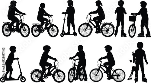 Black silhouettes of children riding bicycles scooters and rollerblades