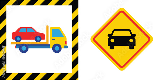 Car towing service and vehicle warning road sign illustration with hazard frame design