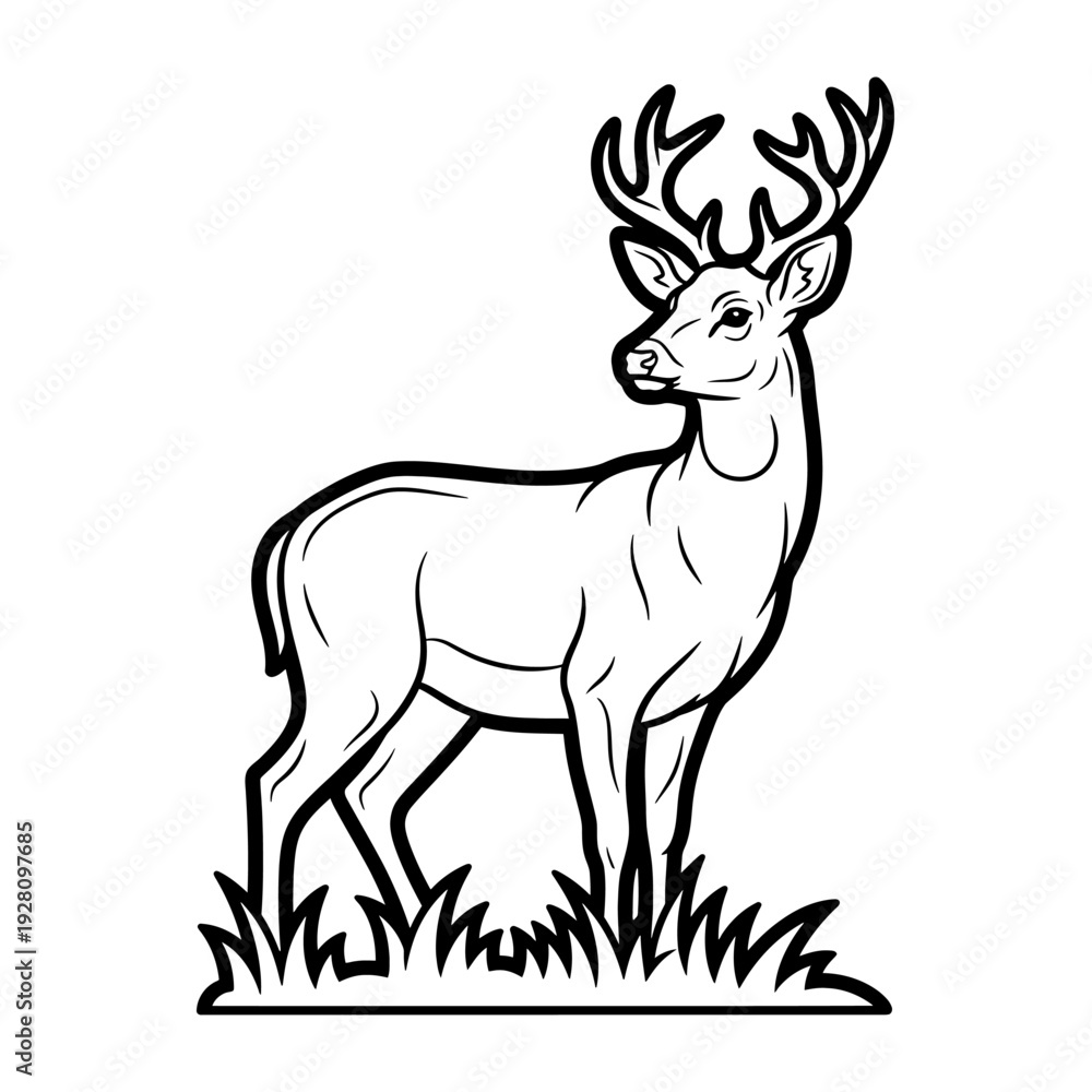 Obraz premium Stylized illustration of a majestic deer, a powerful buck with impressive antlers, standing gracefully on grass, symbolizing the serene beauty of wildlife and natural elegance