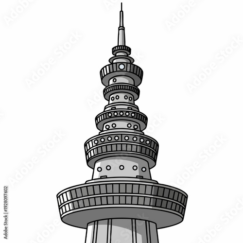 Cartoon-style gray futuristic communications tower illustration; design for technology media or architectural concepts