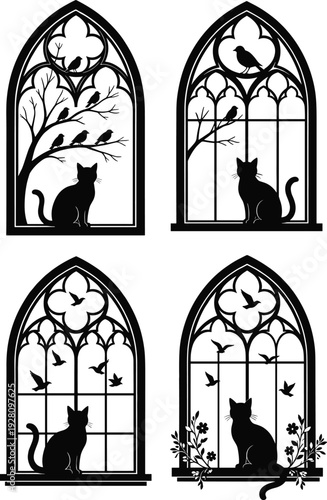 Gothic Cathedral Window Silhouettes Set Featuring Black Cat Sitting on Windowsill with Birds Flying and Tree Branches in Elegant Dark Mystical Architectural Style