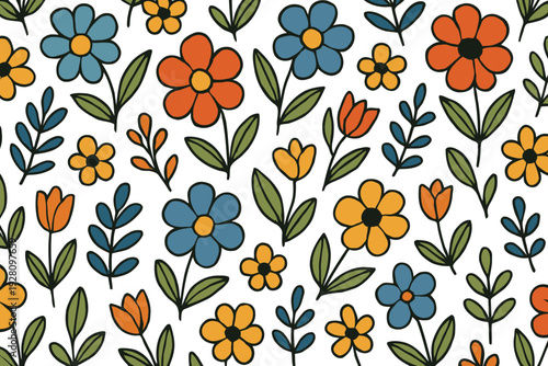 A vibrant floral pattern with colorful blooms and green foliage spread across a light background