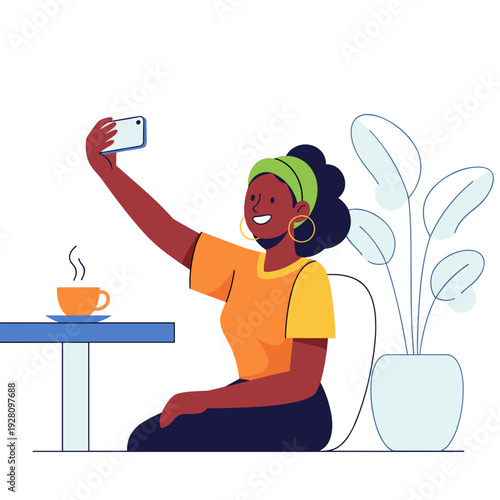 African American woman taking selfie at café with coffee and plant  