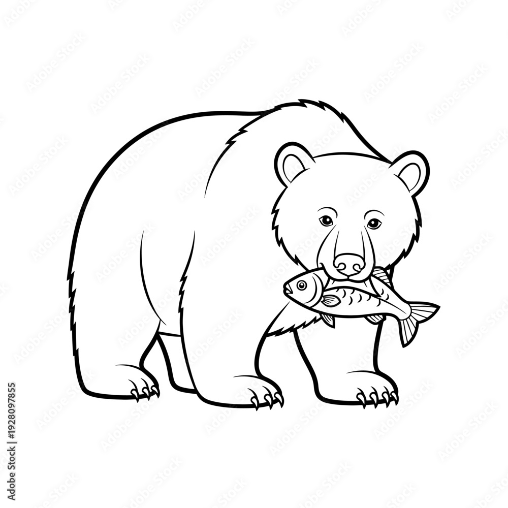 Fototapeta premium Black and white illustration of a grizzly bear holding a fish in its mouth, symbolizing nature and wildlife