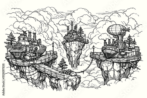 Steampunk floating islands with airships and industrial flying machines, imaginative fantasy world hand drawn line art vector illustration concept.