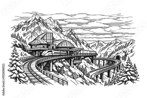 Futuristic high speed train crossing mountain bridge in snowy landscape, modern railway station line art vector illustration for travel and technology.