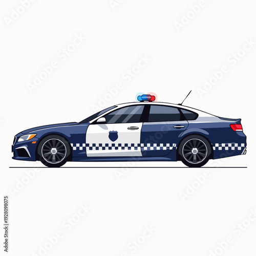Cartoon-style patrol car vector illustration on white: blue and white police vehicle for law enforcement design projects