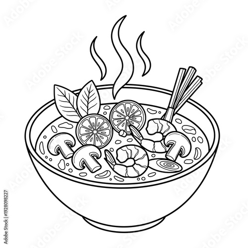 Monochrome line art steaming bowl of spicy Asian soup with plump shrimp, fresh mushrooms, zesty lime, and aromatic herbs. Ideal for culinary and menu design