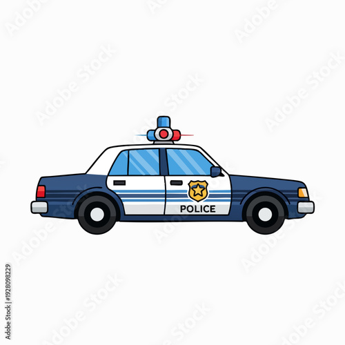 Cartoon-style police car illustration in blue and white with emergency lights on top isolated on a clean white background for easy compositing
