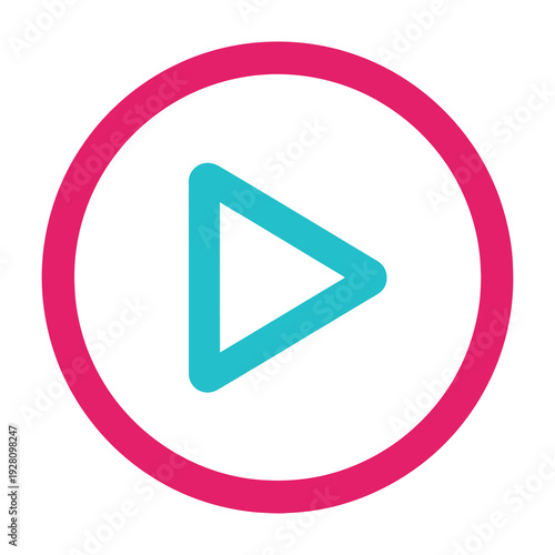 Play icon centered in vibrant pink circle with teal triangle design