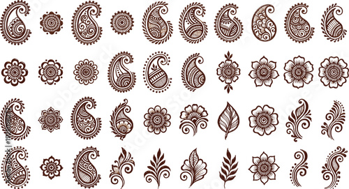 Henna mehndi paisley and floral ornament collection traditional Indian decorative elements for wedding tattoo vector set