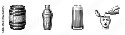 Vintage engraving style collection of bar accessories featuring a wooden barrel cocktail shaker glass and surreal head illustration.