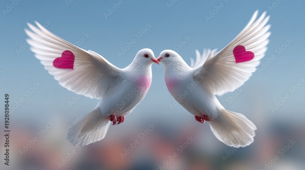 Fototapeta premium Two white doves with pink heart markings on their wings facing each other against a blurred cityscape background, symbolizing love and affection in nature