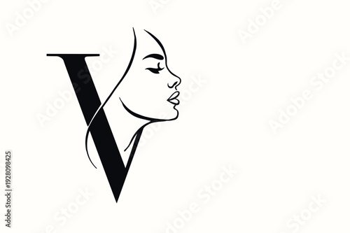 Elegant beauty logo design featuring the letter V combined with a detailed feminine face illustration. Stylish and refined vector composition suitable for beauty salon, lash studio, makeup artist