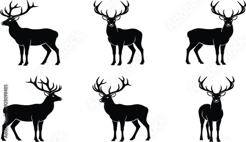 Red deer silhouette set with standing buck and stag poses, horned forest animal icons in flat vector style for CAD drawing, wildlife design