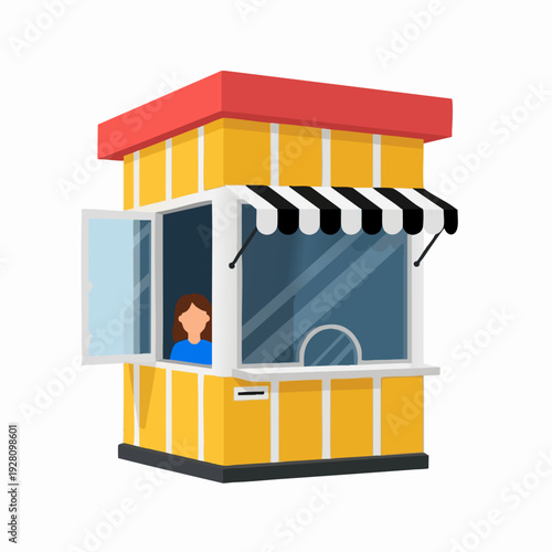 Cartoon yellow ticket booth with red roof and black and white awning woman inside selling tickets; isolated vector illustration for creative use