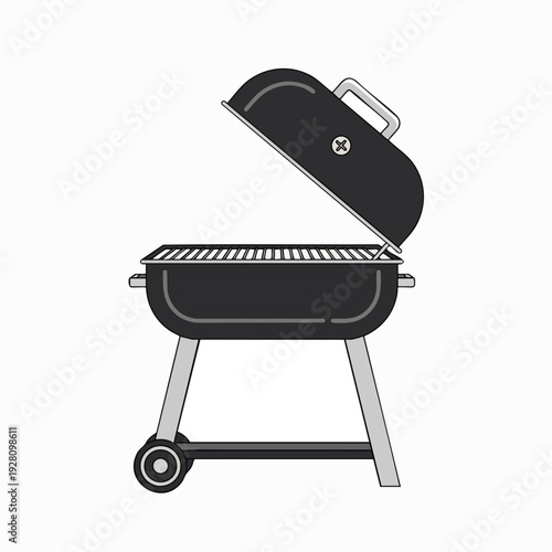 Charcoal barbecue grill with open lid in vector style; backyard cooking equipment for grilling meat and vegetables; outdoor summer party tool