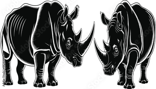 Rhinoceros illustration set with powerful rhino poses, heavy african mammal icons in flat vector style for CAD drawing, wildlife nature design elements