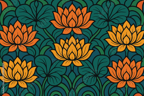 Vibrant floral pattern featuring stylized orange and yellow lotus flowers on teal background